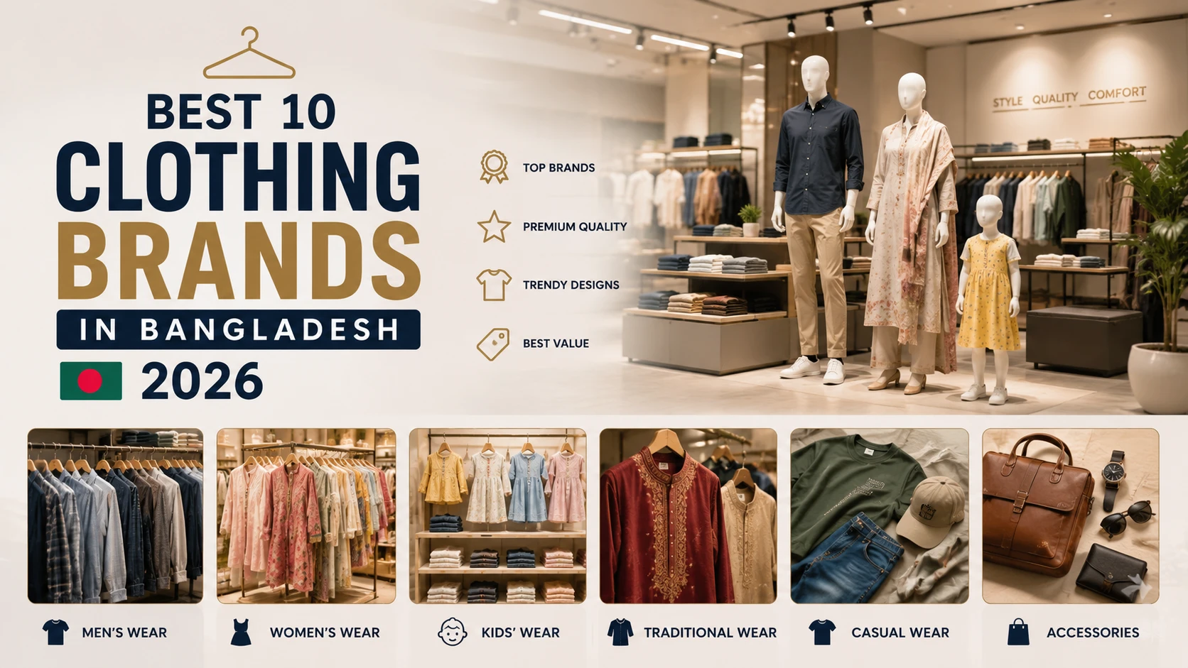 Minimal thumbnail featuring a modern clothing showroom with men's, women's, kids', traditional, and casual fashion, representing the best 10 clothing brands in Bangladesh for 2026