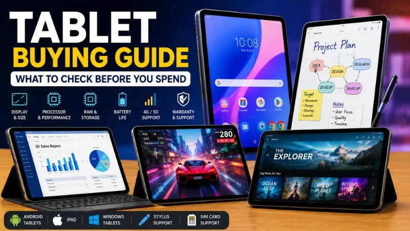 Modern tablet buying guide showing different tablet types for work, study, entertainment, and creativity.